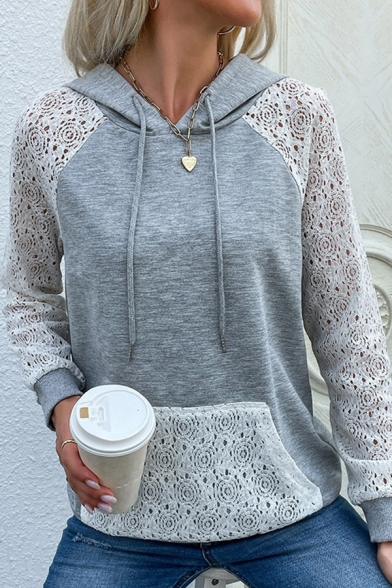 Designed Womens Hoodie Drawstring Contrast Panel Lace Detail Pocket Front Long Sleeve Slim Fit Hooded Sweatshirt