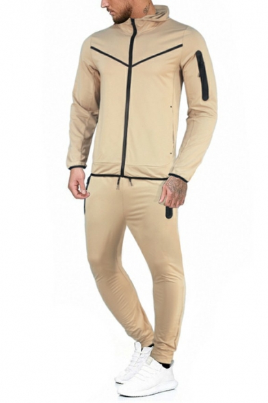 Edgy Co-ords Pure Color Long Sleeve Zipper Hoodie with Relaxed Pants Two Piece Set for Men