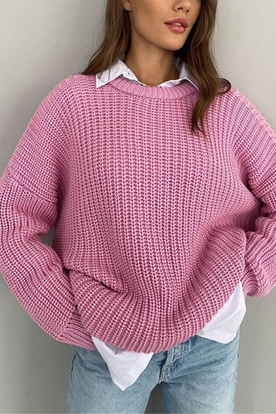 Fancy Womens Knit Sweater Plain Crew Neck Long Sleeve Relaxed Fit Pullover Sweater