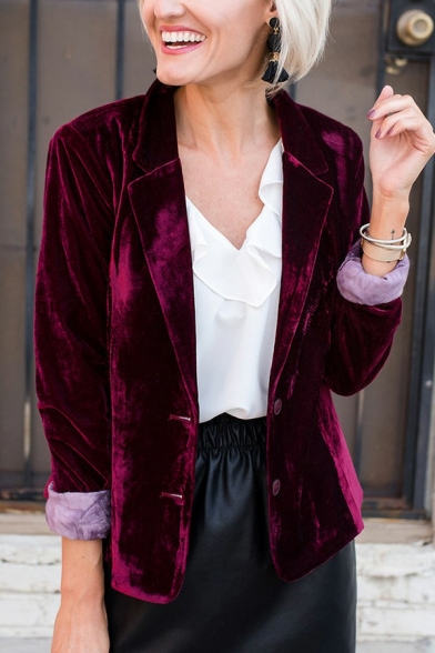 Fashion Womens Velvet Blazer Solid Color Notched Lapel Collar Button Closure Regular Fit Blazer