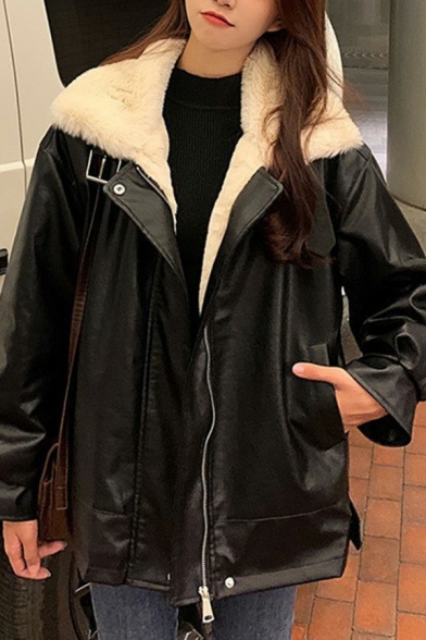 Fashionable Leather Jacket Solid Color Fleece Collar Side Zipper Down Relaxed Fit Jacket for Women