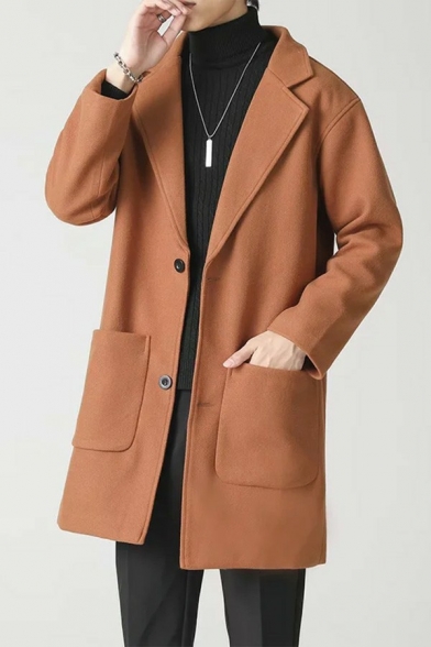 Guy's Fashion Coat Plain Long Sleeves Lapel Collar Relaxed Fit Button Placket Pea Coat