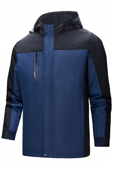Guys Boyish Coat Contrast Color Drawstring Front Pocket Long Sleeve Regular Fitted Hooded Coat
