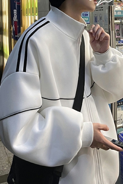Guys Modern Style Jacket Side Stripe Pattern Stand Collar Long Sleeve Baseball Jacket