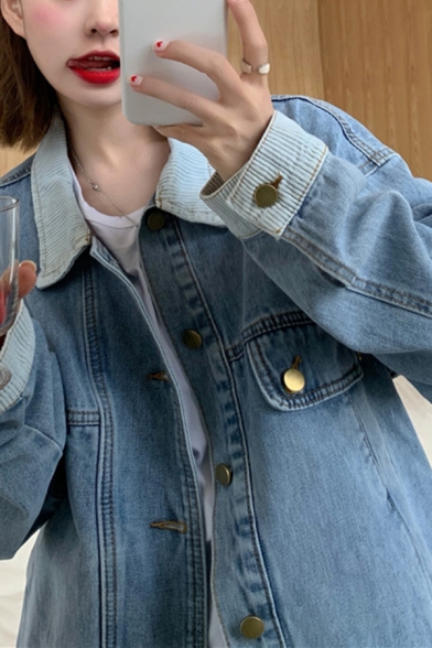 Leisure Girls Jacket Plain Color Single Breasted Contrast Collar Pockets Detail Long Sleeve Relaxed Denim Jacket