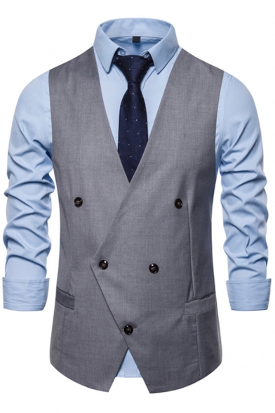 Men Hot Suit Vest Solid Color Regular Fit V-Neck Irregular Placket Button Up Suit Vest