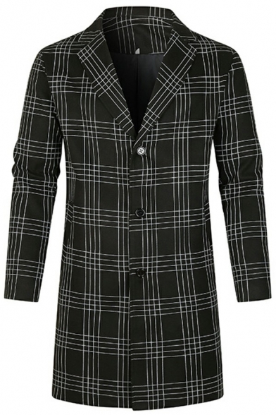 Mens Trench Coat Casual Plaid Print Button up Long Sleeve Lapel Collar Regular Fit Trench Coat