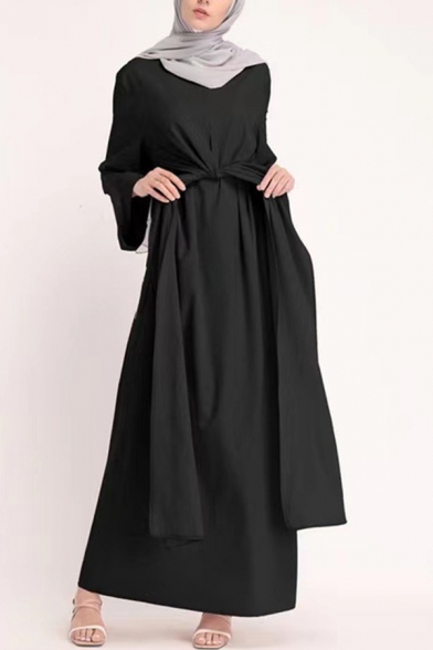 Retro Dress Plain Long Sleeve Crew Neck Lace-Up A-Line Maxi Dress for Women