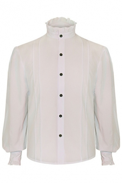 Retro Mens Shirt Pure Color Long Sleeve Button Closure Ruffle Hem Stand Collar Regular Fitted Shirt