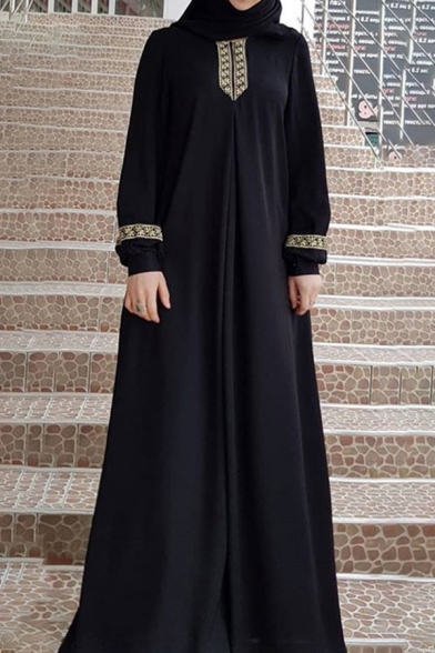 Retro Muslim Maxi Dress Patchwork Crew Neck Long Sleeve Relaxed Fit Swing Maxi Dress