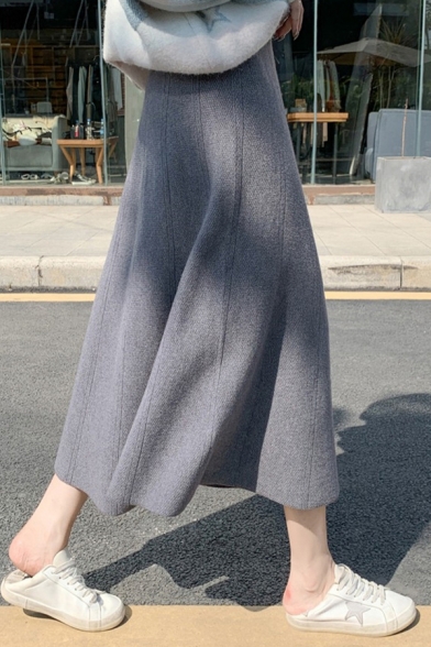 Simple Knitted Skirt Solid Color High Waist A-Line Skirt for Ladies