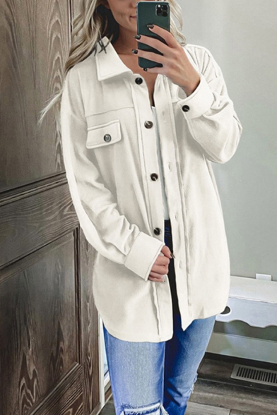 Simple Womens Plain Jacket Single Breasted Spread Collar Pocket Front Regular Fit Long-Sleeved Jacket