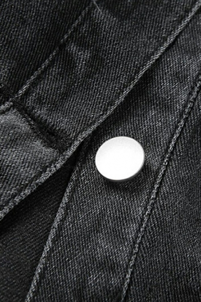 Street Look Girls Jacket Turn Down Collar Long Sleeve Single Breasted Ruched Slim Cropped Denim Jacket