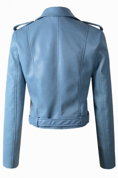 Street Look Womens Jacket PU Leather Notched Lapel Collar Zipper Fly Belted Long Sleeve Epaulet Design Biker Jacket