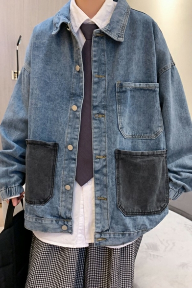 Stylish Boy's Jacket Patchwork Pocket Button Closure Spread Collar Loose Fit Denim Jacket
