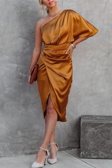 Trendy Asymmetrical Dress Solid One Shoulder Draped High Low Womens Dress