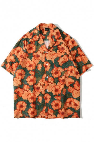 Trendy Boys Shirt Floral Pattern Long Sleeve Turn-down Collar Loose Fit Button Shirt