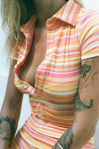 Trendy Ladies Romper Striped Pattern V Neck Short Sleeve Single Breasted Slim Romper