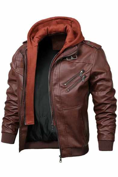 Urban Mens Jacket Solid Pocket Hooded Long Sleeve Regular Fit Zip Closure Leather Jacket