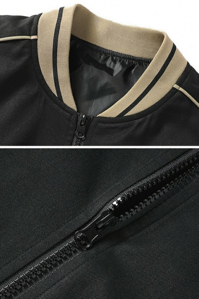 Vintage Guys Jacket Contrast Line Loose Zip Up Stand Collar Long-sleeves Baseball Jacket