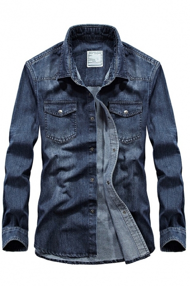 Vintage Men Shirt Solid Turn-down Collar Long Sleeves Relaxed Chest Pocket Button down Denim Shirt