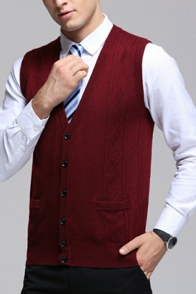 Vintage Mens Cardigan Pure Color Ribbed Hem Relaxed Long Sleeve V Neck Button Up Cardigan