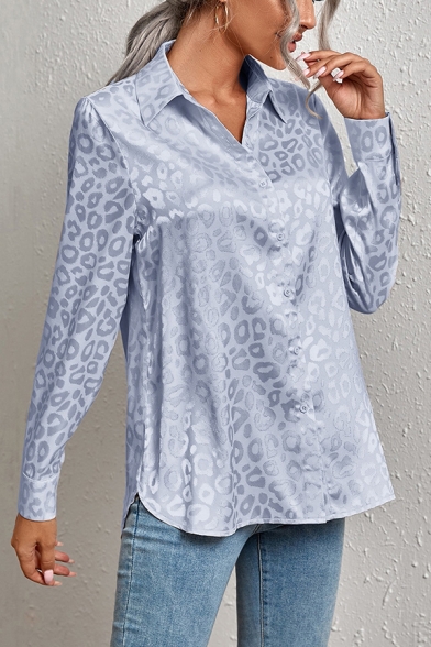 Womens Shirt Stylish Leopard Printed Button Down Lapel Collar Relaxed Long Sleeve Shirt