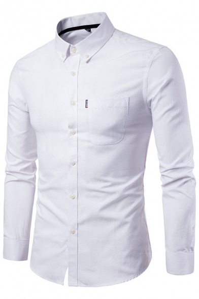 Basic Mens Shirt Plain Chest Pocket Long Sleeve Turn-down Collar Regular Fit Button Shirt