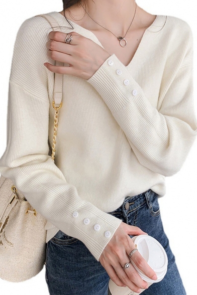 Basic Womens Sweater V-Neck Plain Button Detail Long Sleeve Loose Fit Knit Top