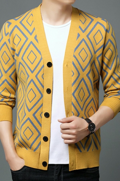 Boy's Hot Cardigan Geometric Printed Long Sleeves Relaxed V Neck Button Placket Cardigan