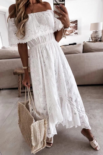 Casual Womens Dress Off the Shoulder Tie Waist Hollow Dress in White