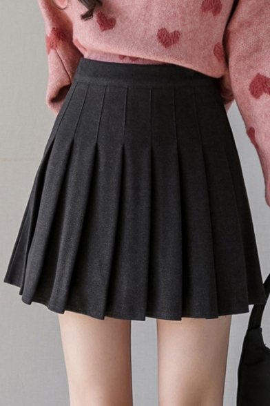 Classic Womens Pleated Skirt Solid Color Zipper Back A-Line Skater Mini Skirt