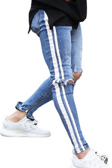 Daily Mens Jeans Side Line Pattern Medium Wash Zipper Placket Skinny Fit Jeans