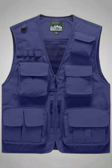 Dashing Men Vest Pure Color V-neck Zip Closure Loose Fit Vest with Pocket