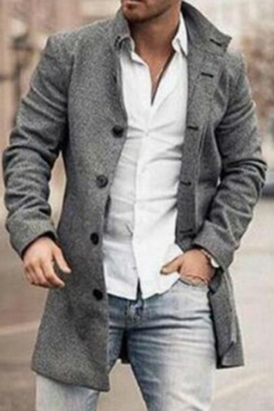 Edgy Mens Coat Solid Color Lapel Collar Regular Long Sleeve Single Breasted Trench Coat