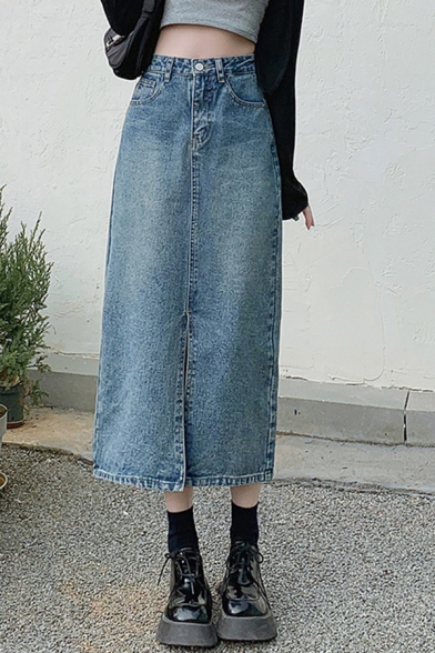 Fashionable A-Line Skirt Faded Wash Slit Front Zip Fly Denim Mid Skirt for Women