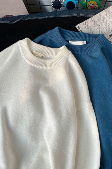 Guys Fancy Sweater Plain Ribbed Hem Long Sleeve Round Neck Oversized Pullover Sweater