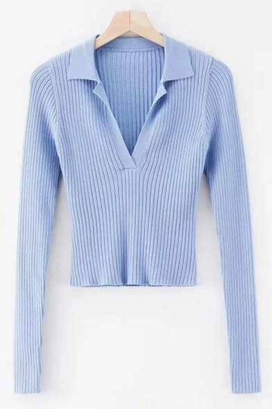 Leisure Girls Polo Solid V-Neck Rib Knit Long Sleeve Slim Cropped Polo Shirt