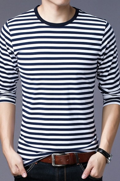 Men's Simple T-Shirt Stripe Print Long Sleeve Round Neck Regular Fit T-Shirt