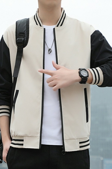 Men Urban Jacket Contrast Stripe Long Sleeve Fitted Stand Collar Baseball Jacket for Men