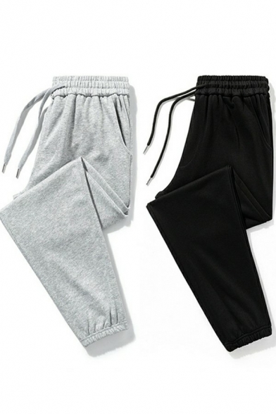 Popular Mens Drawstring Pants Plain Elastic Waist Mid Rise Skinny Fit Pants with Pocket