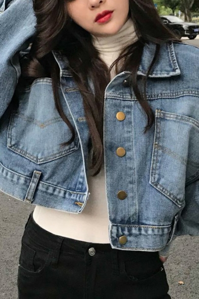 Retro Womens Crop Jacket Solid Color Spread Collar Zipper Closure Loose Fitted Denim Jacket with Pockets