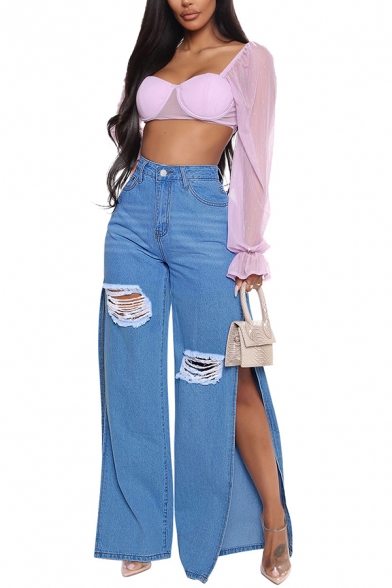 Sexy Midwash Blue Jeans High Waist Zip Up Slit Side Distressed Ripped Wide Leg Jeans for Ladies
