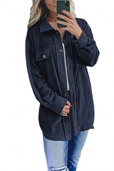 Simple Womens Plain Jacket Single Breasted Spread Collar Pocket Front Regular Fit Long-Sleeved Jacket