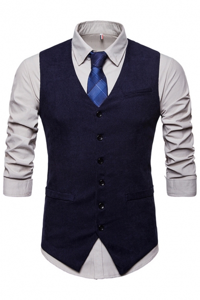 Street Look Mens Suit Vest Plain V-Neck Sleeveless Slimming Button Down Suit Vest