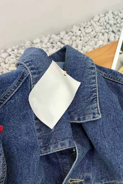 Stylish Girls Jacket Plain Chest Pockets Single Breasted Turn-Down Collar Long Sleeve Cropped Denim Jacket