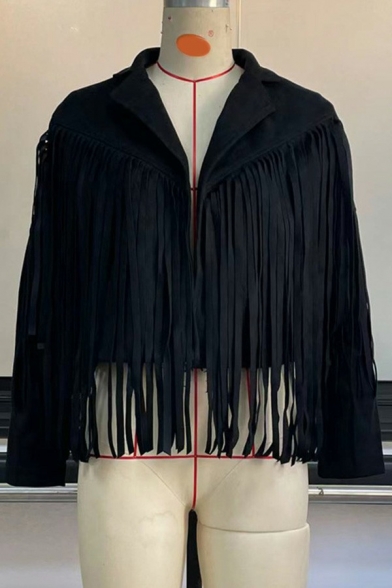 Stylish Ladies PU Jacket Plain Notched Collar Open-Front Long Sleeve Loose Fit Fringed Leather Jacket