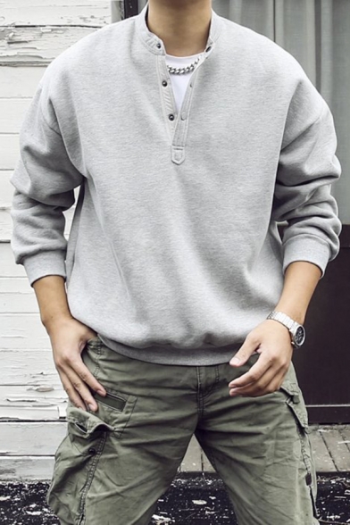 Stylish Sweatshirt Pure Color V Neck Long Sleeve Relaxed Fit 1/2 Button down Sweatshirt for Boys
