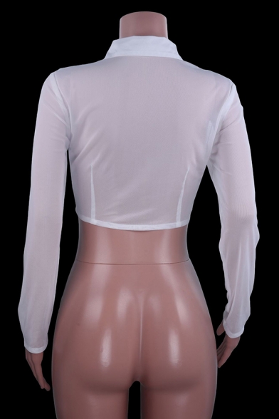 Stylish Womens Sheer Shirt Turn-Down Collar Button Down Slim Fit Short Shirt in White