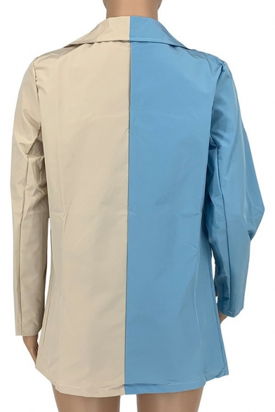 Trendy Ladies Blazers Contrast Color Notched Lapel Double Breasted Flap Pockets Slim Suit Jacket